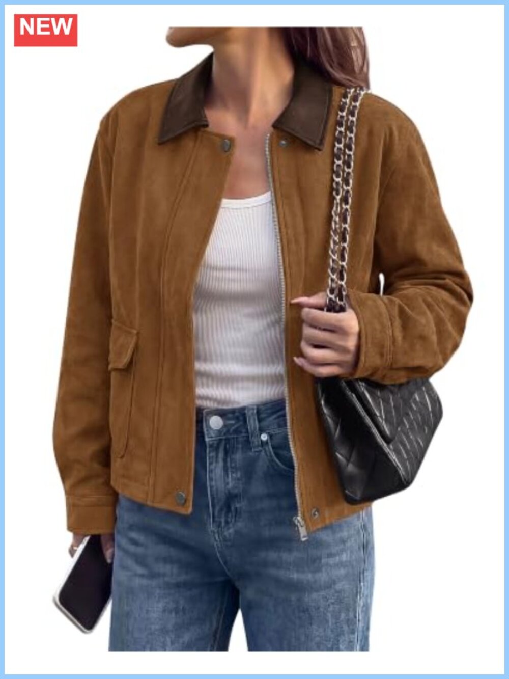 Faux Suede Jacket Women Leather Lapel Zip Up Fall Outfit